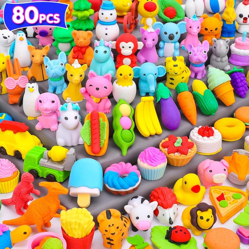 Palmatte 80PCS Mini Animal Erasers for Kids Bulk Small Toys, 3D Cute Erasers Desk Pets Treasure Box Toys Prizes for Classroom School Supplies Teacher Must Haves Students Gifts Kids Party Favors, Random - Image 1